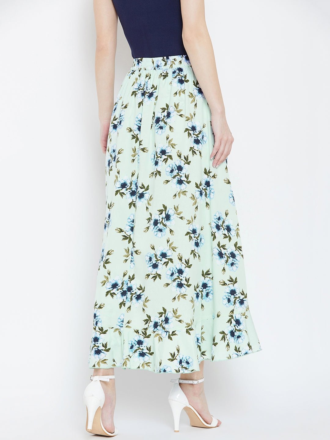 Folk Republic Women Green & Blue Floral Printed Waist Tie-Up Flared Maxi Skirt - #folk republic#