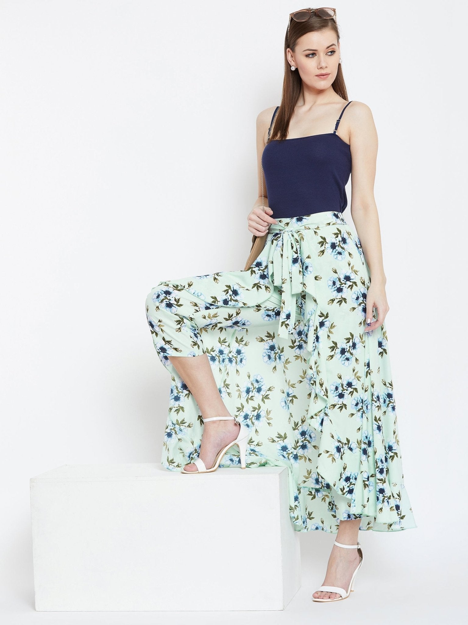 Folk Republic Women Green & Blue Floral Printed Waist Tie-Up Flared Maxi Skirt - #folk republic#