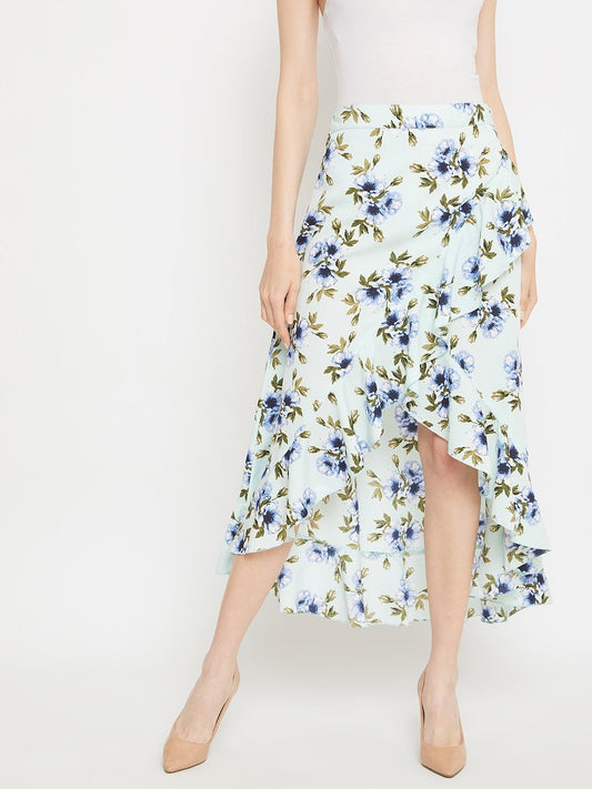 Folk Republic Women Green Floral Print High-Low Wrap Midi Skirt - #folk republic#