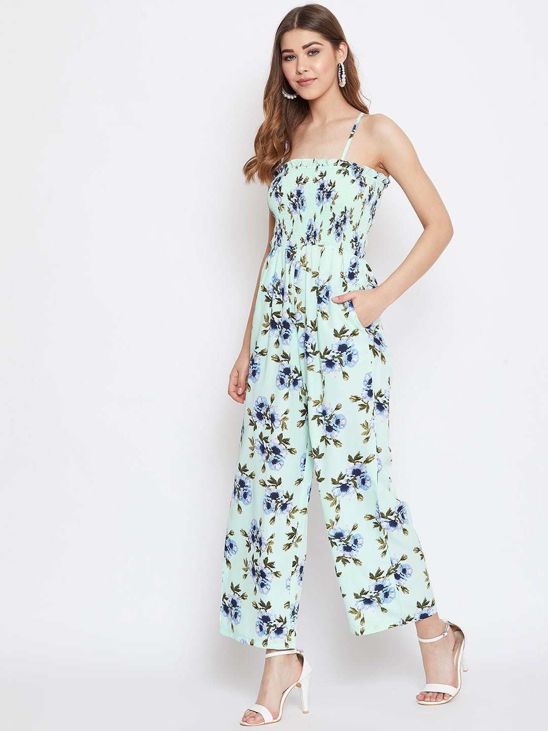 Folk Republic Women Green Floral Print Shoulder Strap Smocked Jumpsuit - #folk republic#