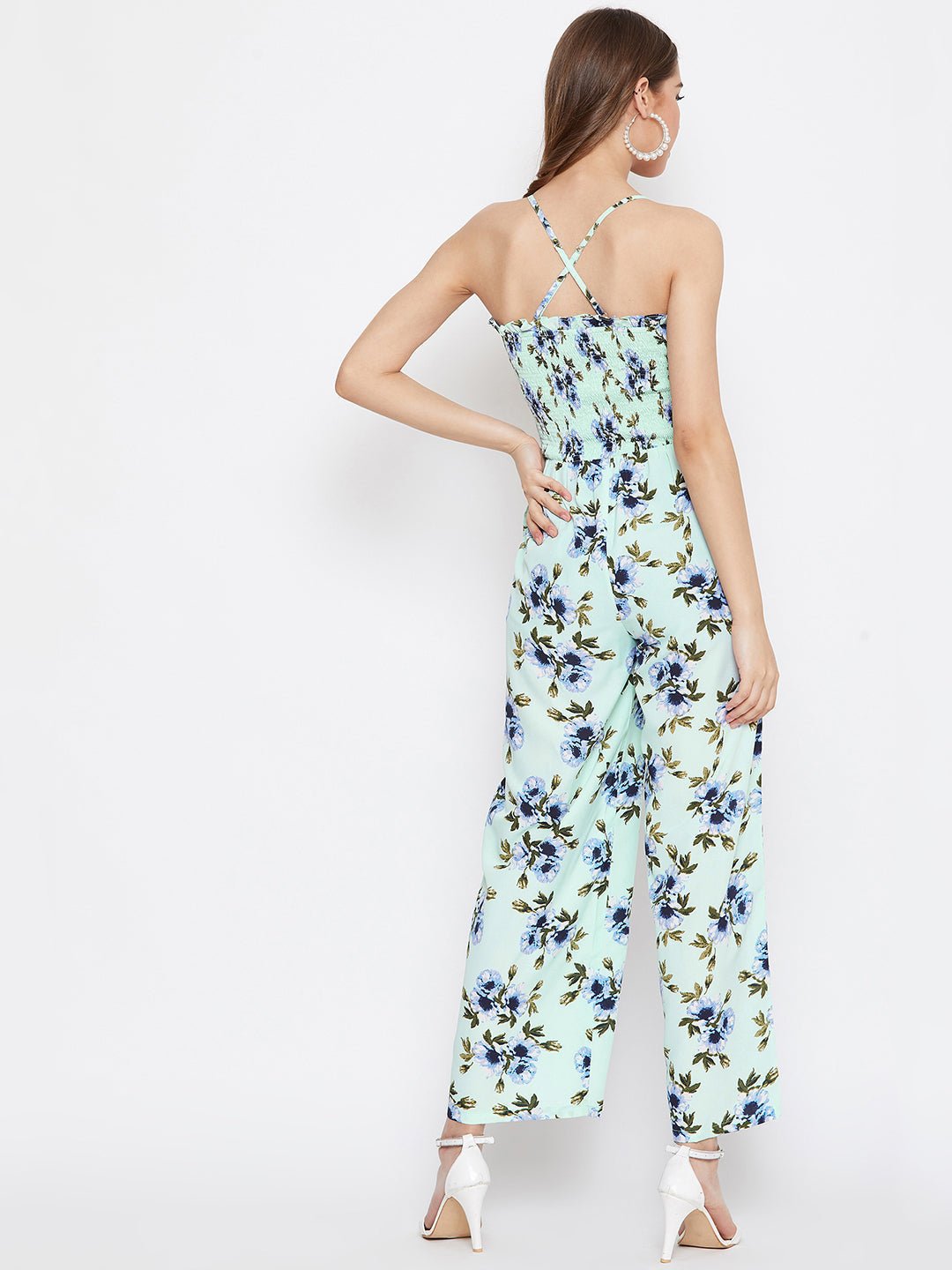 Folk Republic Women Green Floral Print Shoulder Strap Smocked Jumpsuit - #folk republic#