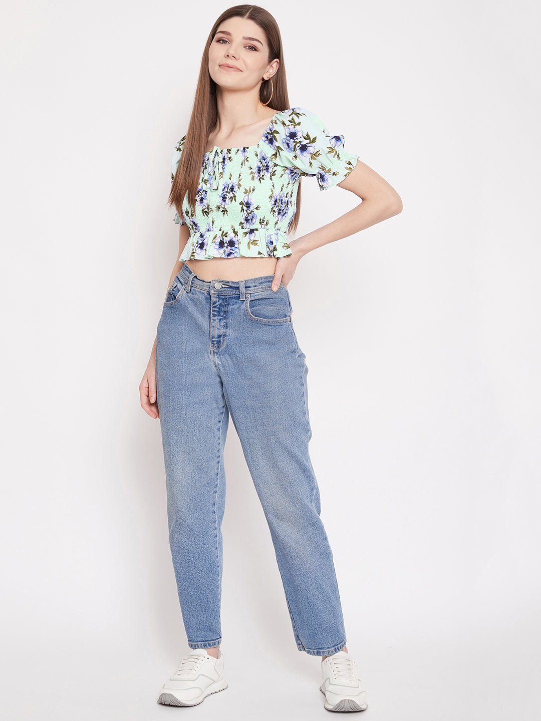 Folk Republic Women Green Floral Print Smocked Crop Top - #folk republic#
