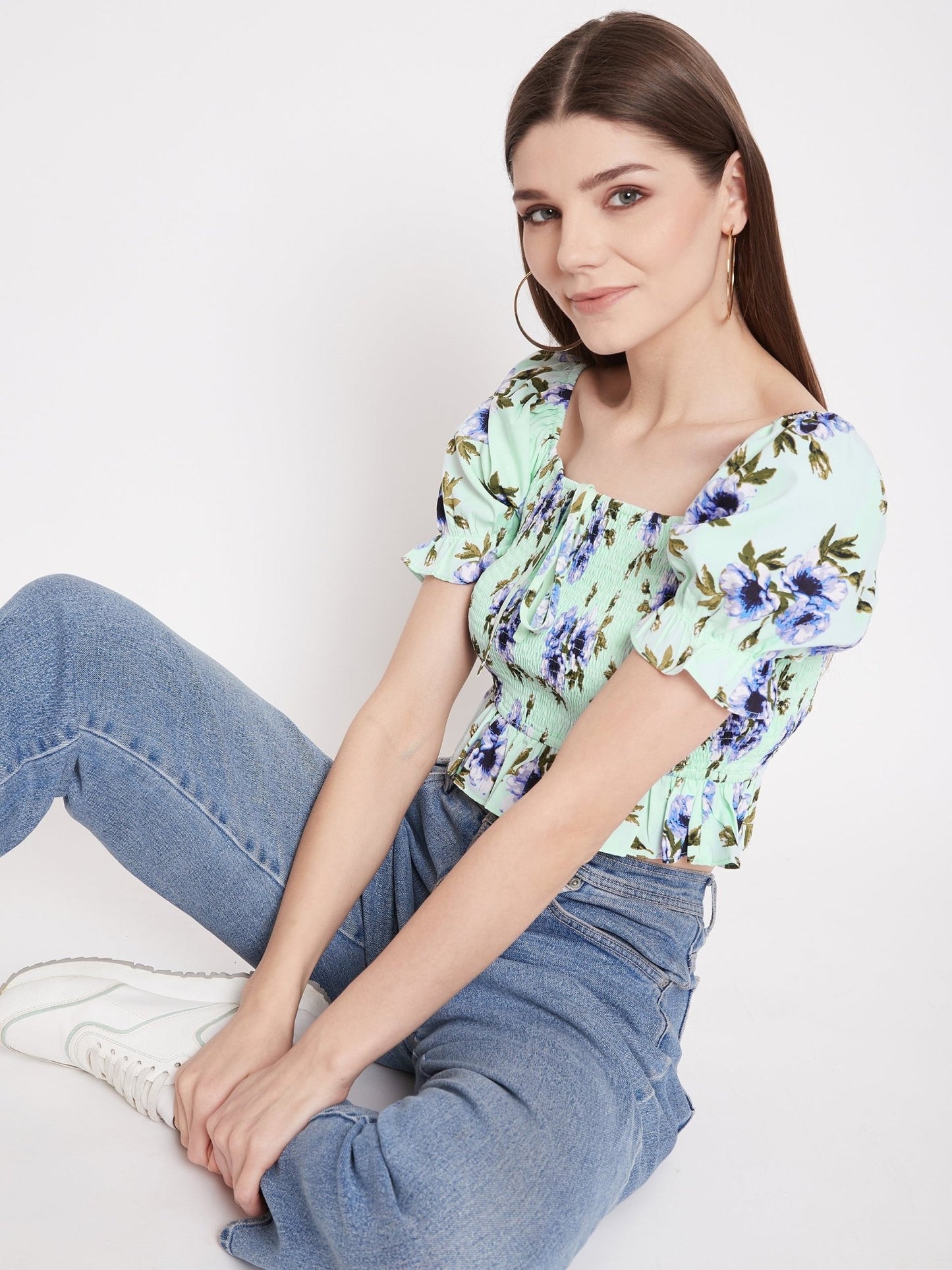 Folk Republic Women Green Floral Print Smocked Crop Top - #folk republic#