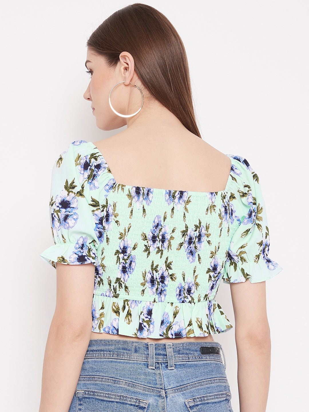 Folk Republic Women Green Floral Print Smocked Crop Top - #folk republic#