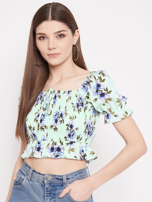 Folk Republic Women Green Floral Print Smocked Crop Top - #folk republic#