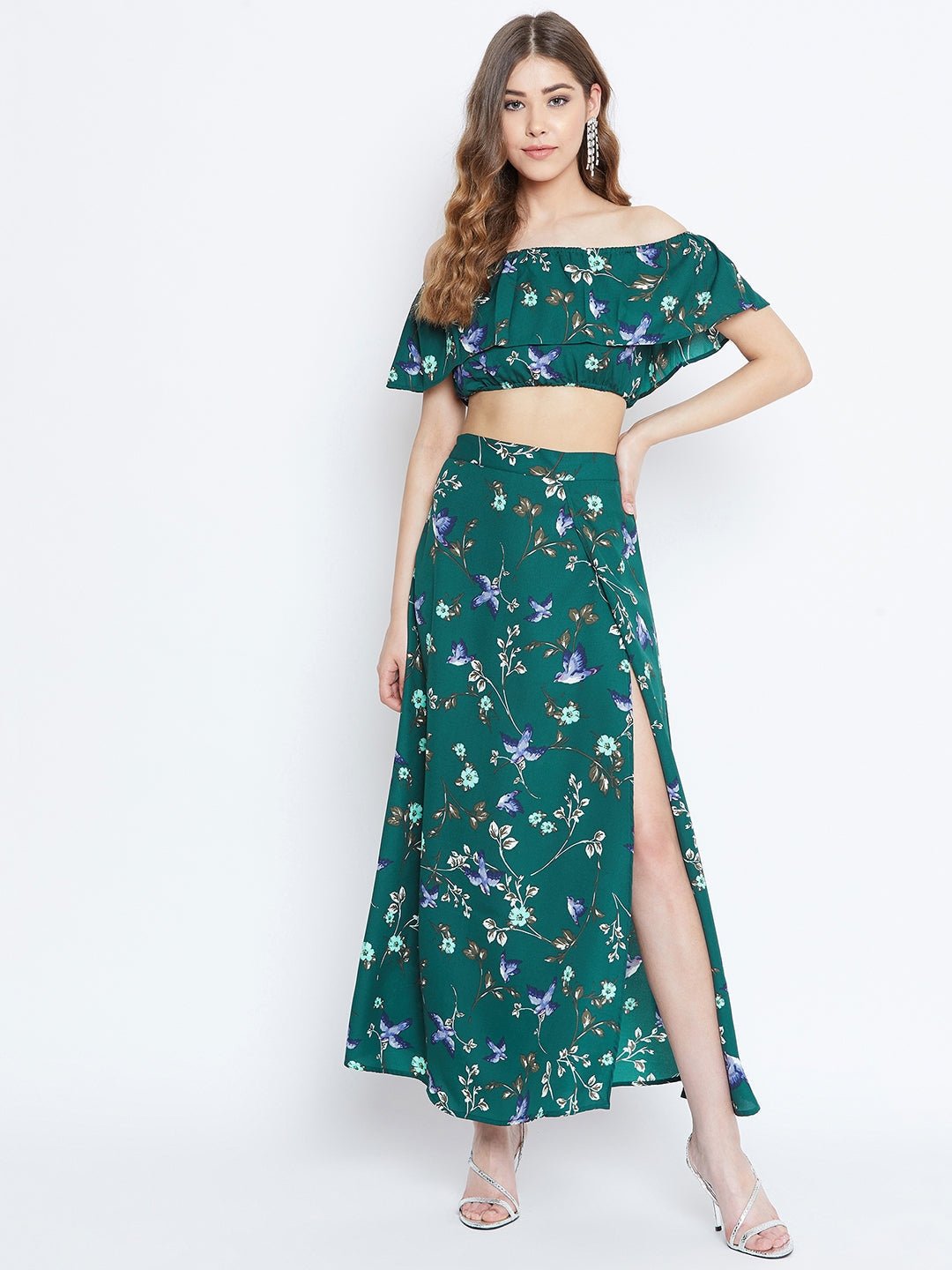Folk Republic Women Green Floral Print Two-Piece Maxi Dress - #folk republic#