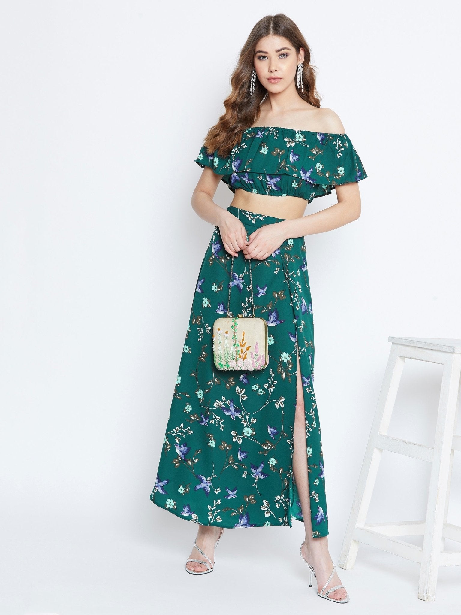 Folk Republic Women Green Floral Print Two-Piece Maxi Dress - #folk republic#