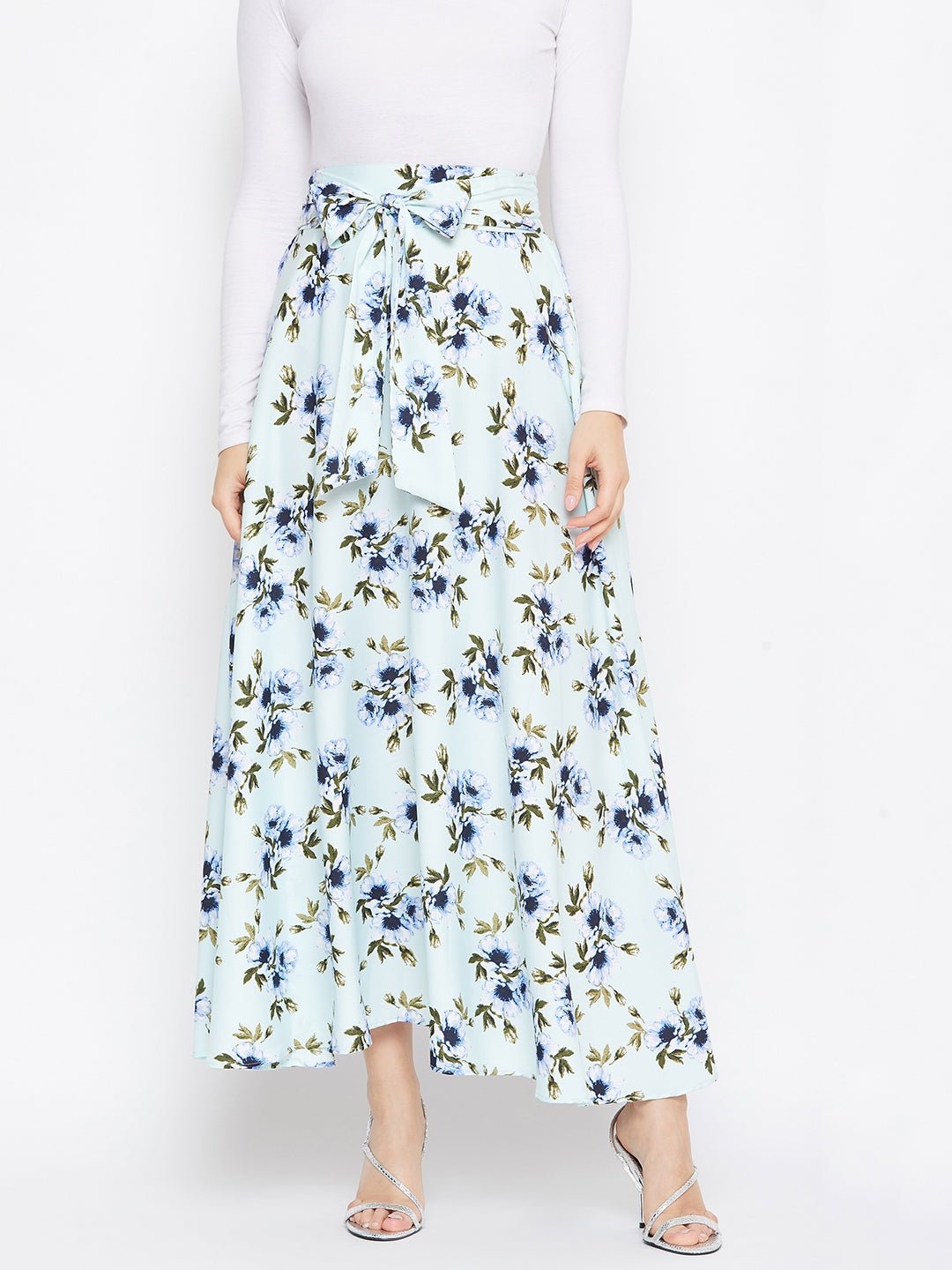Folk Republic Women Green Floral Printed Flared Tie-Up Maxi Skirt - #folk republic#