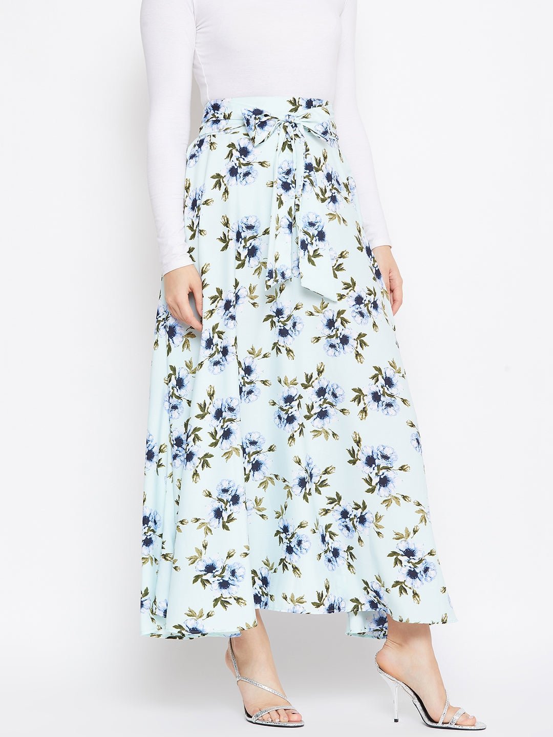 Folk Republic Women Green Floral Printed Flared Tie-Up Maxi Skirt - #folk republic#
