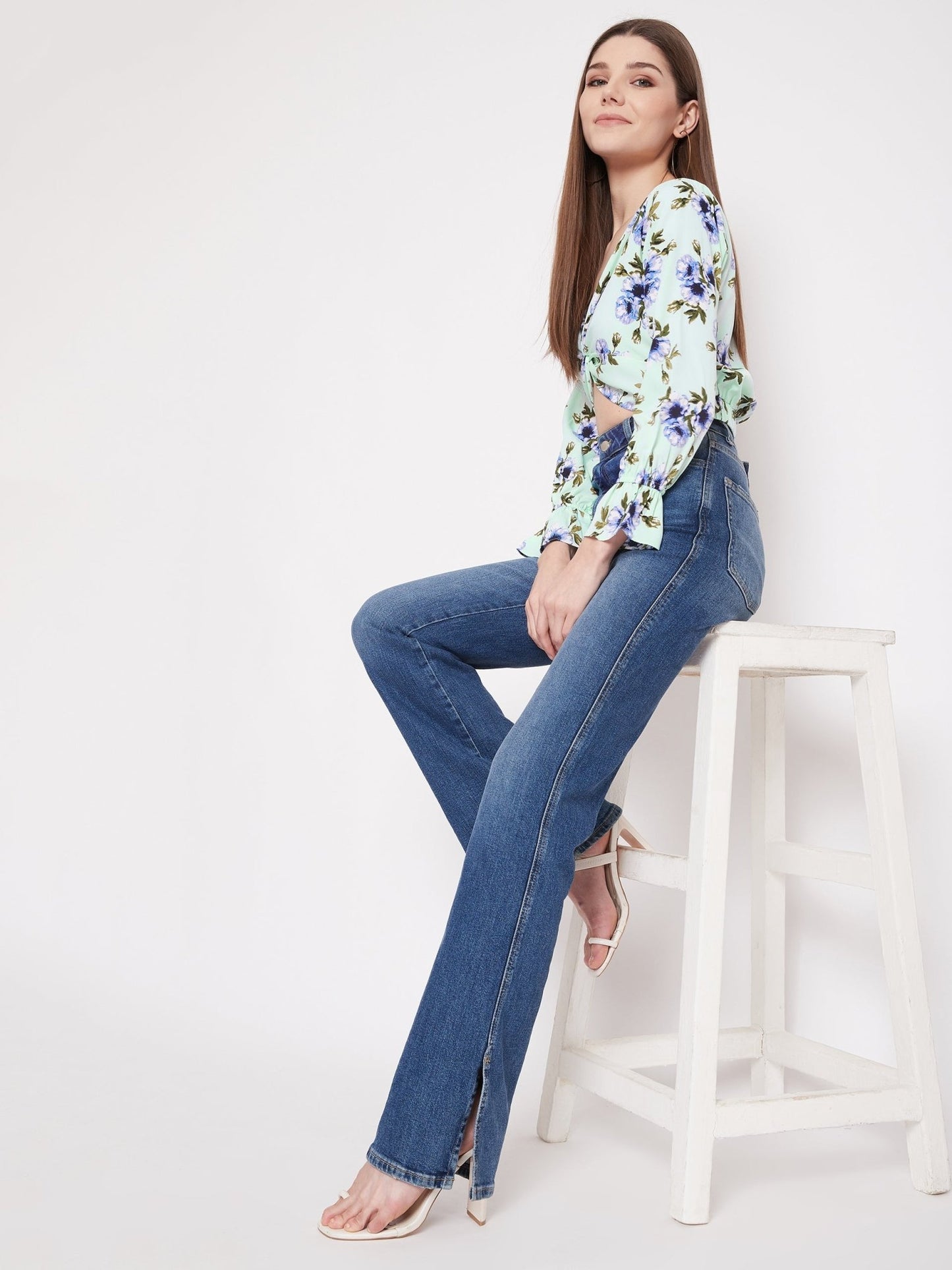 Folk Republic Women Green Floral Printed Front Twist-Knot V-Neck Top - #folk republic#