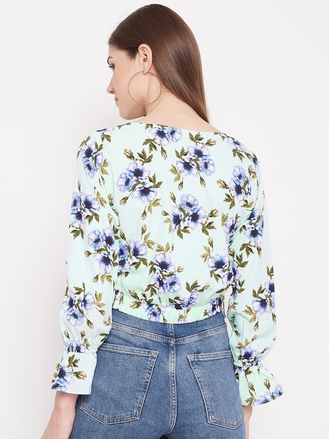 Folk Republic Women Green Floral Printed Front Twist-Knot V-Neck Top - #folk republic#