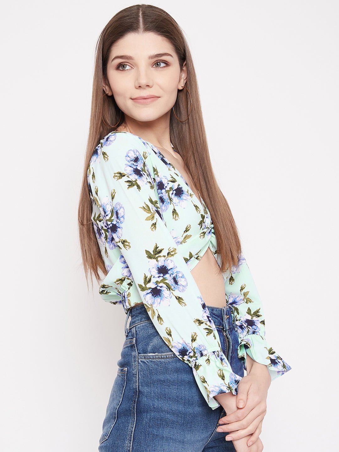Folk Republic Women Green Floral Printed Front Twist-Knot V-Neck Top - #folk republic#
