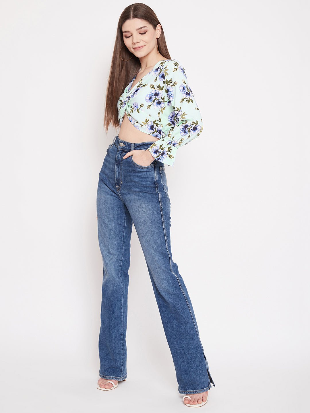 Folk Republic Women Green Floral Printed Front Twist-Knot V-Neck Top - #folk republic#