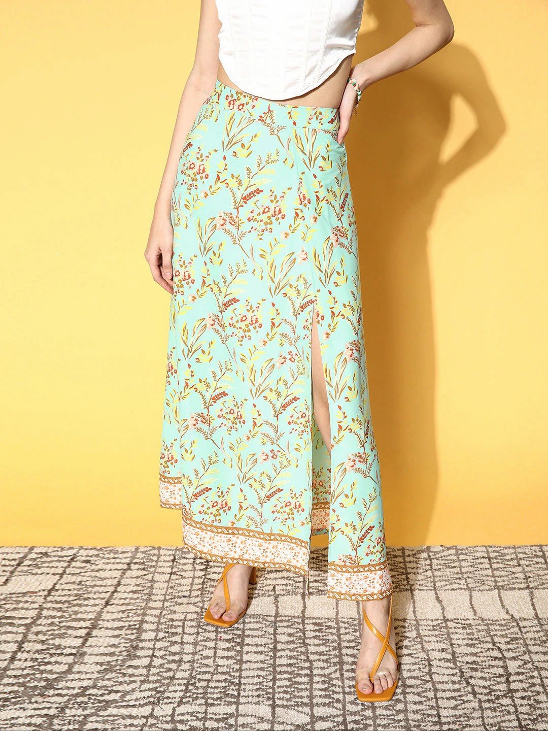 Folk Republic Women Green Floral Printed High-Rise Waist Side-Slit Flared A-Line Midi Skirt - #folk republic#