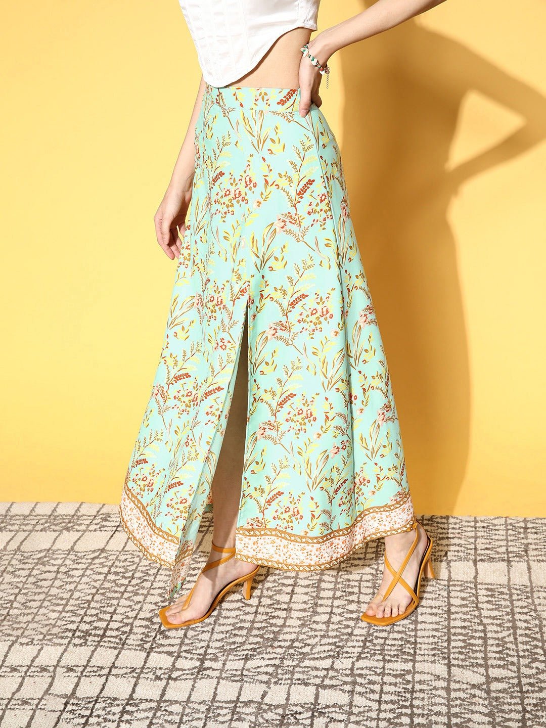 Folk Republic Women Green Floral Printed High-Rise Waist Side-Slit Flared A-Line Midi Skirt - #folk republic#
