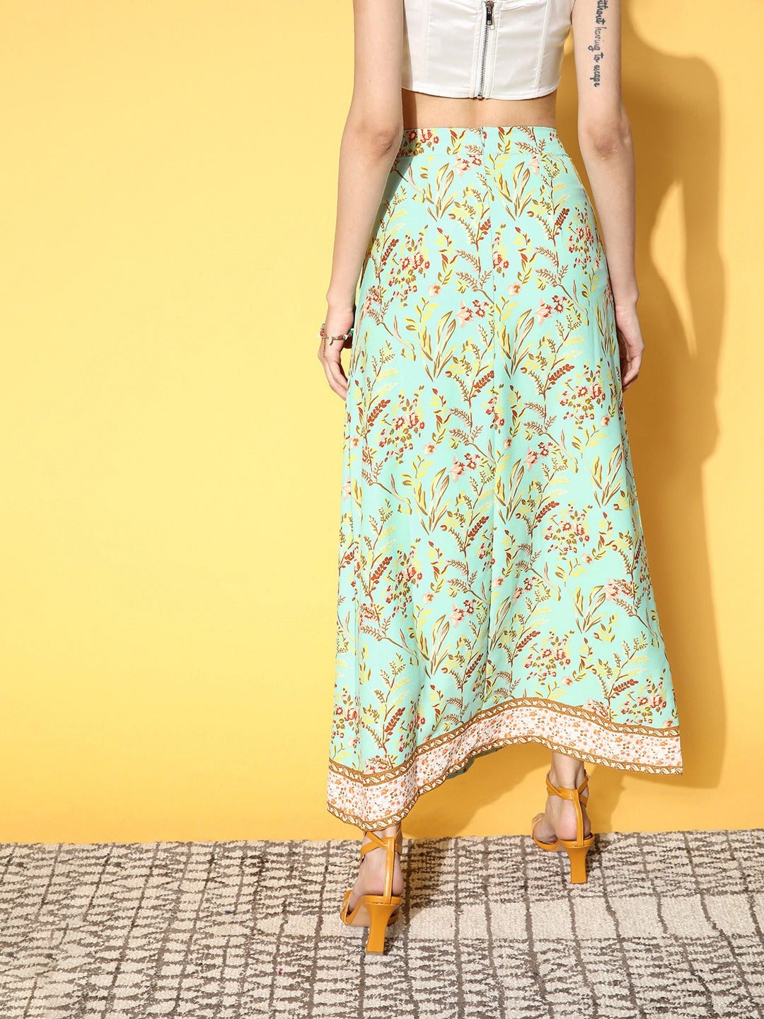 Folk Republic Women Green Floral Printed High-Rise Waist Side-Slit Flared A-Line Midi Skirt - #folk republic#