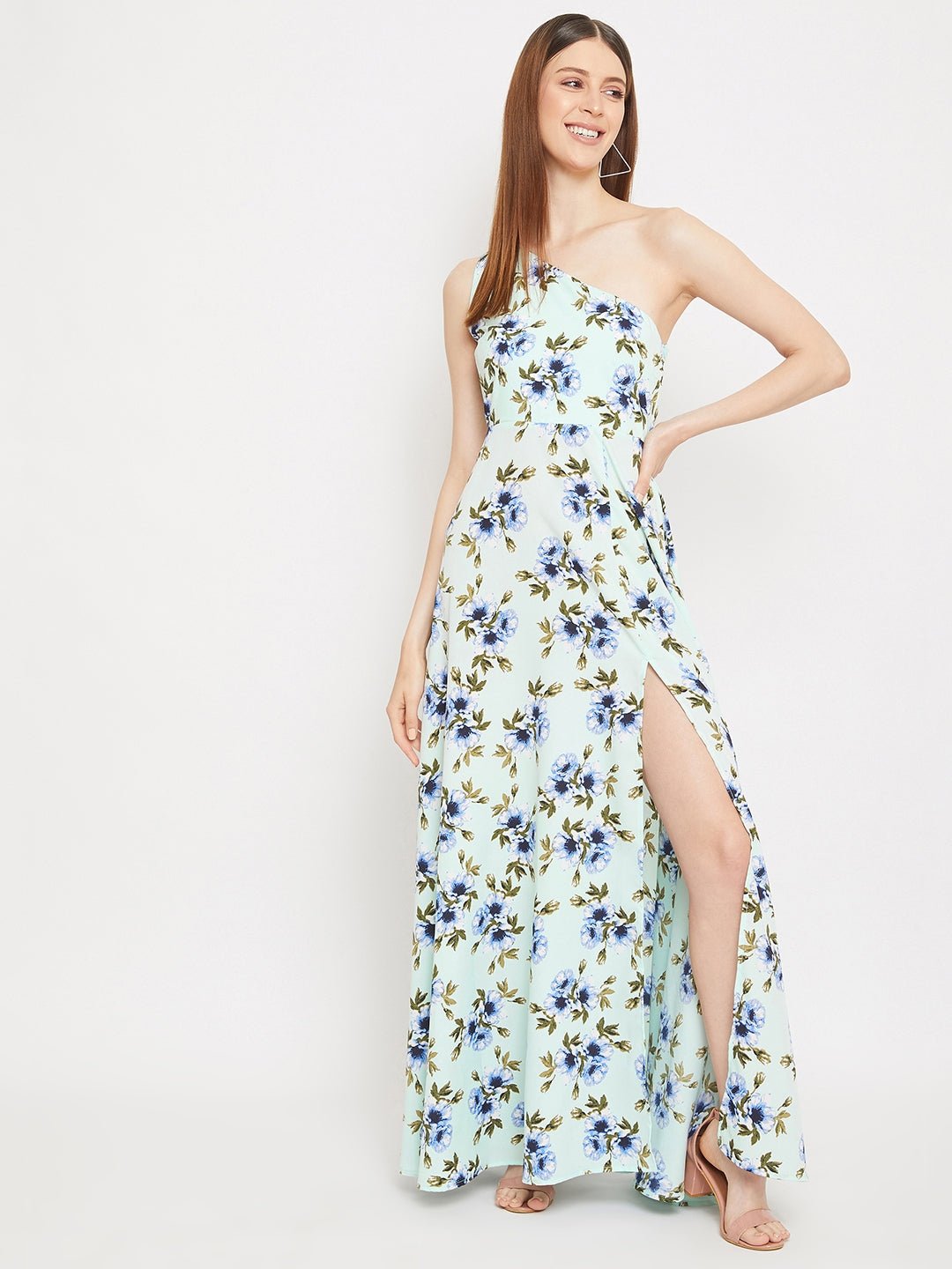Folk Republic Women Green Floral Printed One-Shoulder Maxi Dress - #folk republic#