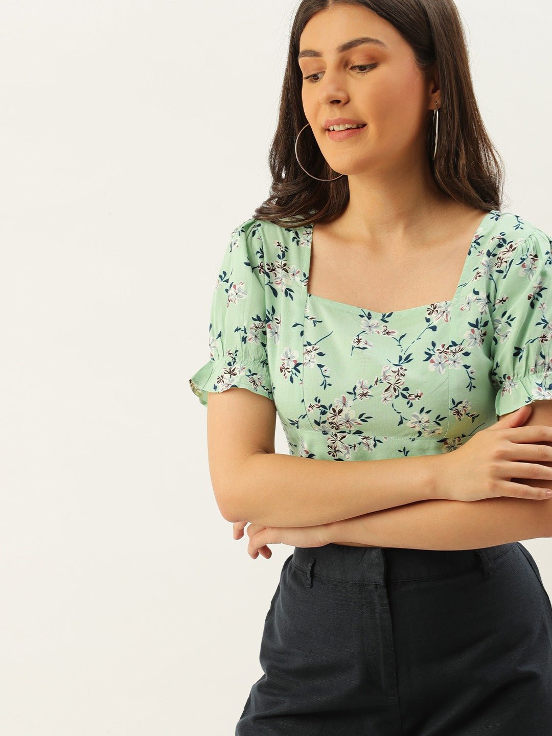 Folk Republic Women Green Floral Printed Open Back Crop Top - #folk republic#