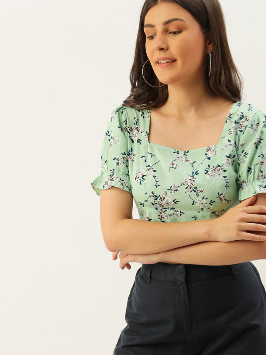 Folk Republic Women Green Floral Printed Open Back Crop Top - #folk republic#