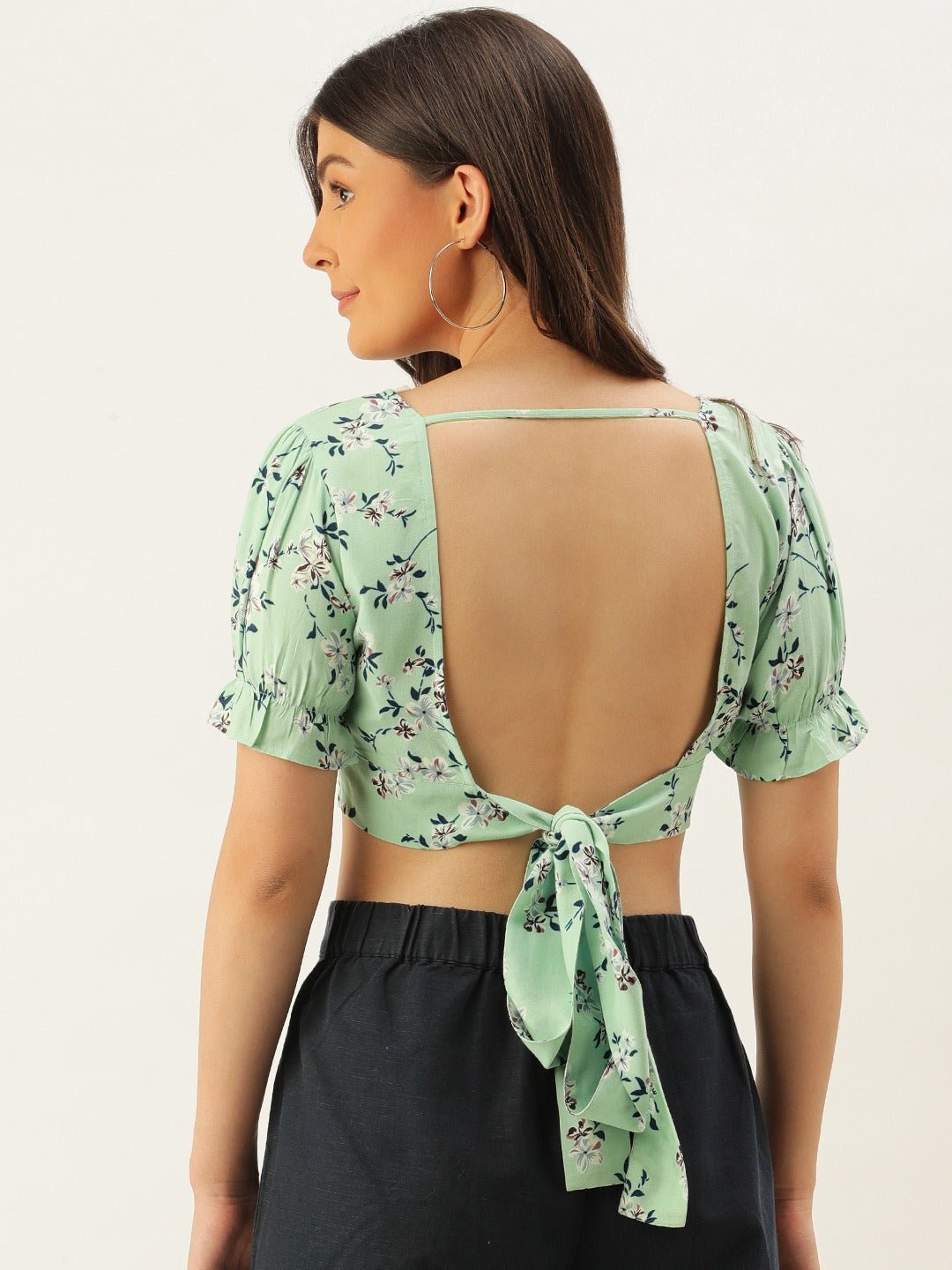 Folk Republic Women Green Floral Printed Open Back Crop Top - #folk republic#