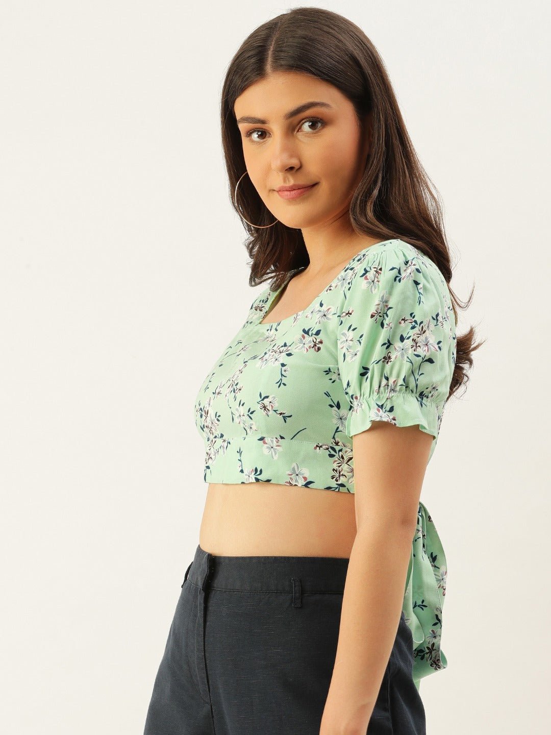 Folk Republic Women Green Floral Printed Open Back Crop Top - #folk republic#