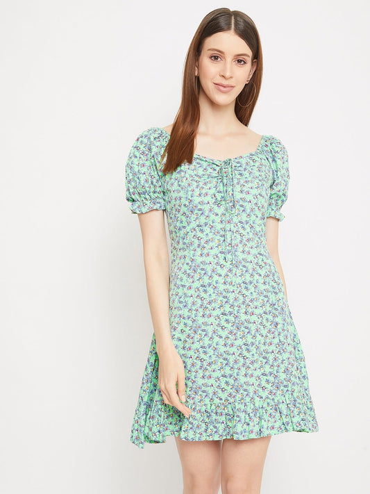 Folk Republic Women Green Floral Printed Square Neck Mini Dress - #folk republic#