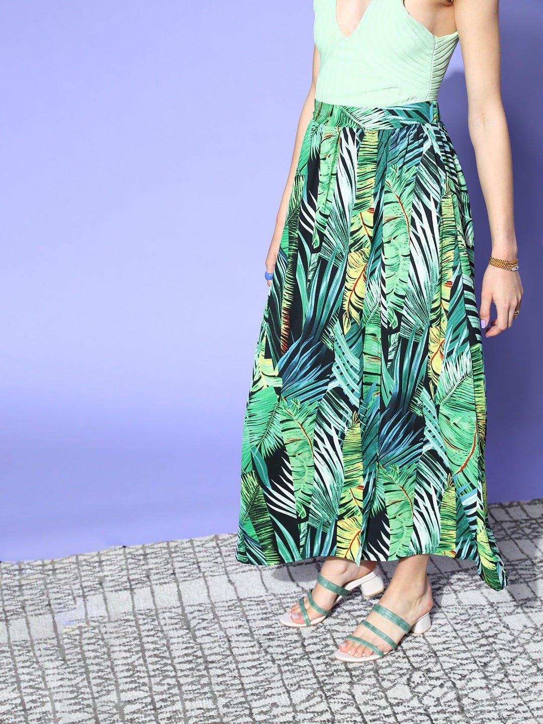 Folk Republic Women Green Floral Printed Thigh-High Slit Straight Hem A-Line Midi Skirt - #folk republic#