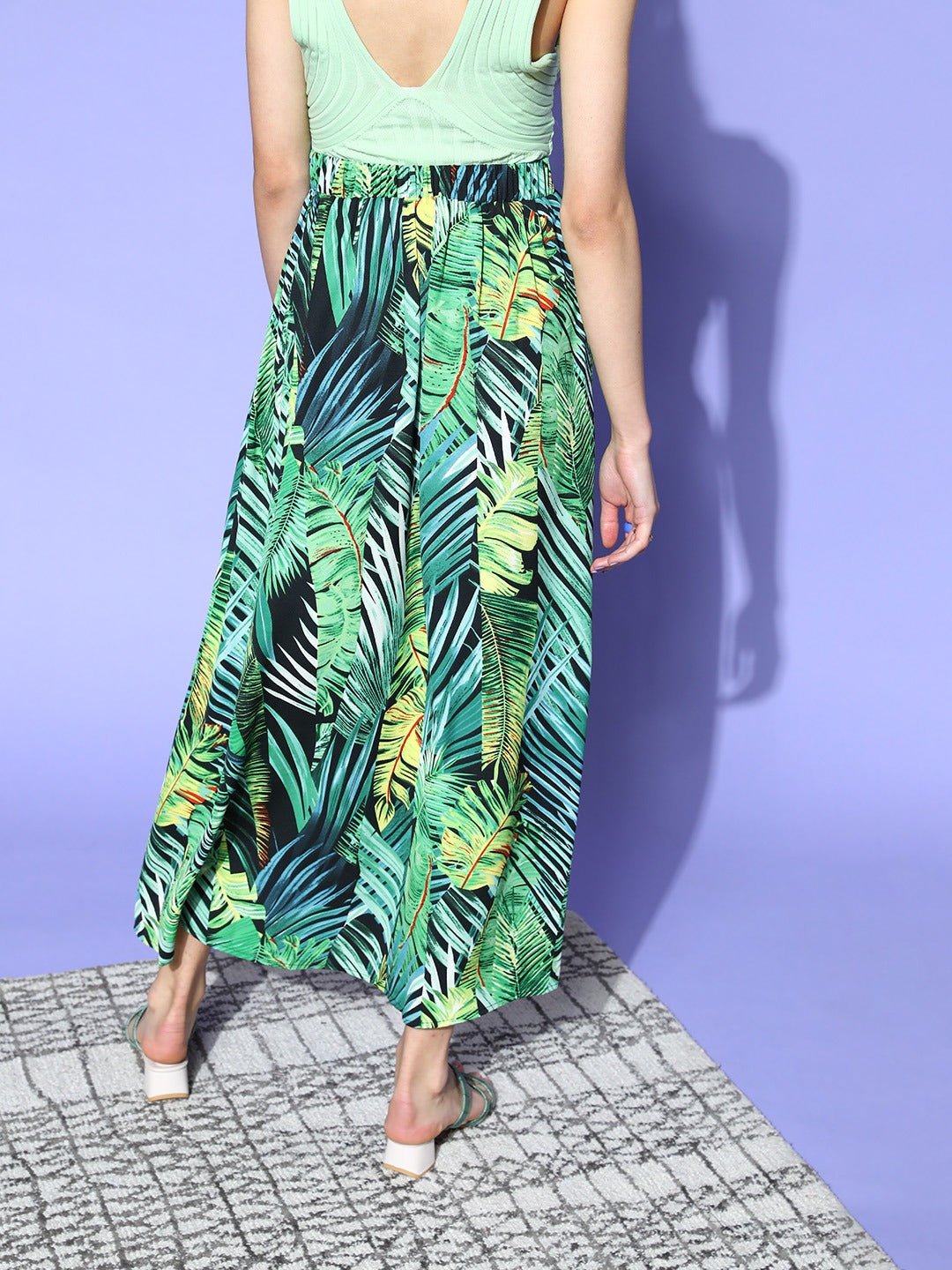 Folk Republic Women Green Floral Printed Thigh-High Slit Straight Hem A-Line Midi Skirt - #folk republic#