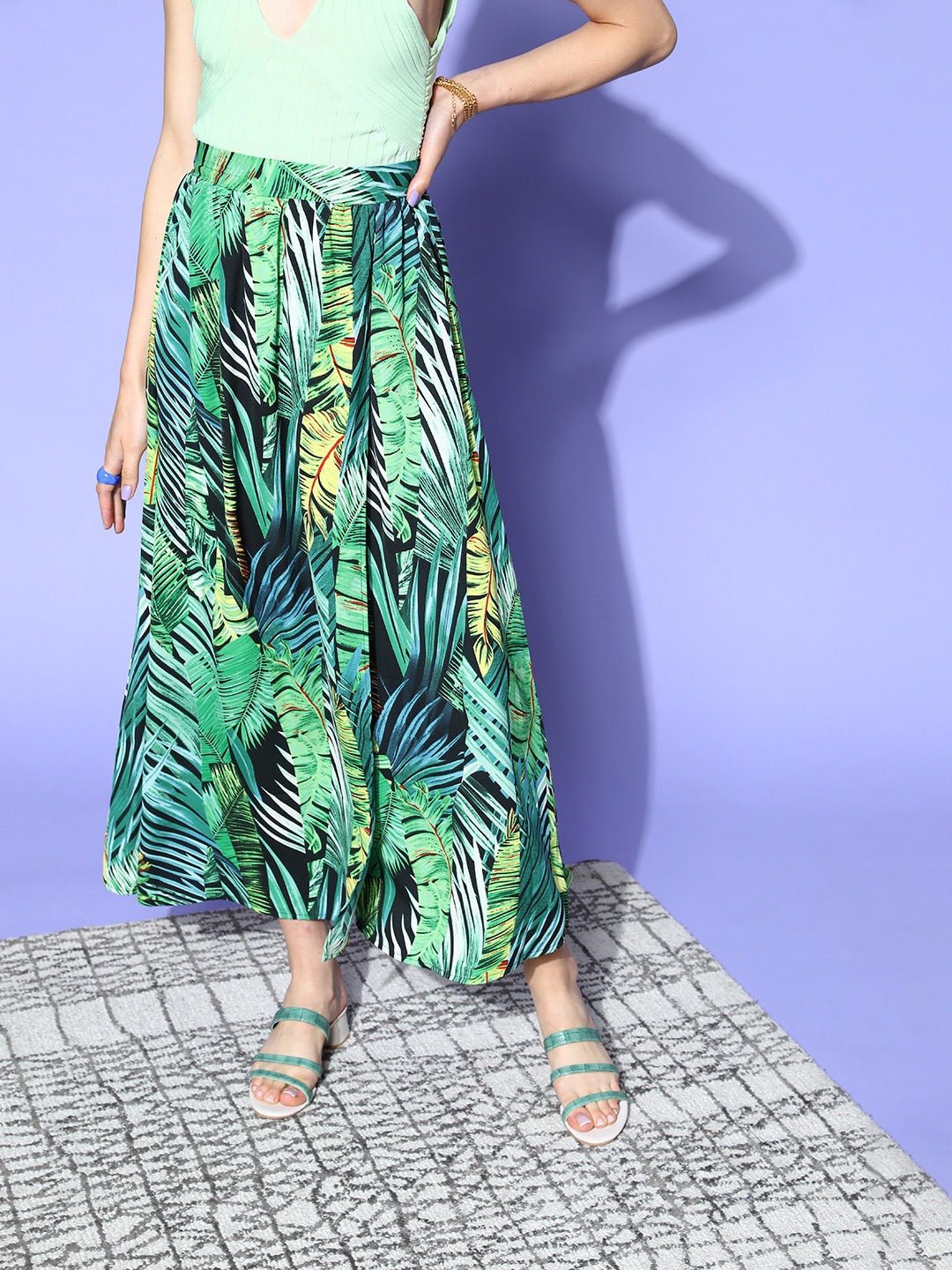 Folk Republic Women Green Floral Printed Thigh-High Slit Straight Hem A-Line Midi Skirt - #folk republic#
