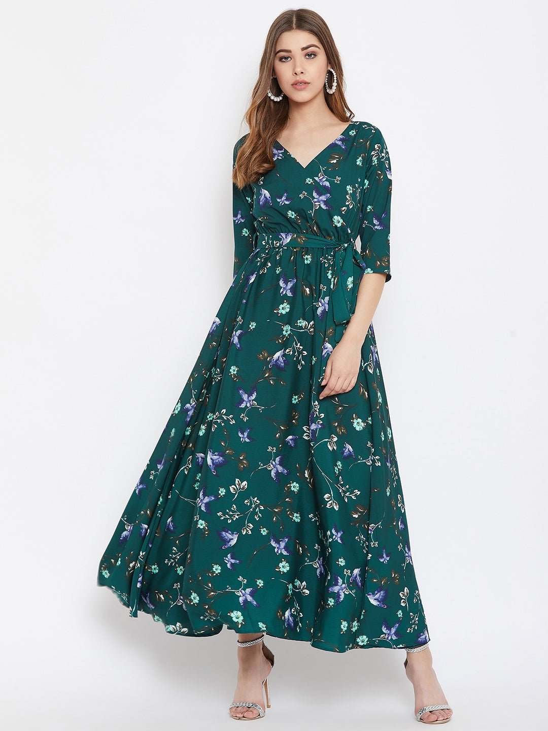 Folk Republic Women Green Floral Printed V-Neck A-Line Maxi Dress - #folk republic#