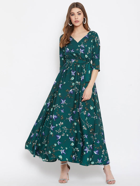 Folk Republic Women Green Floral Printed V-Neck A-Line Maxi Dress - #folk republic#