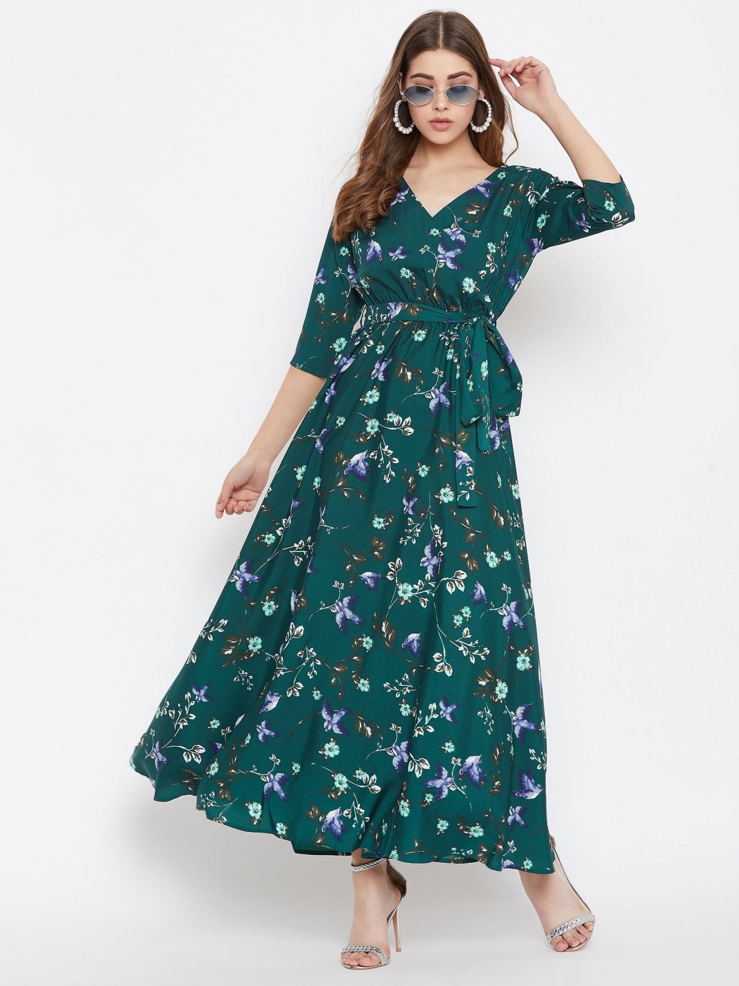Folk Republic Women Green Floral Printed V-Neck A-Line Maxi Dress - #folk republic#