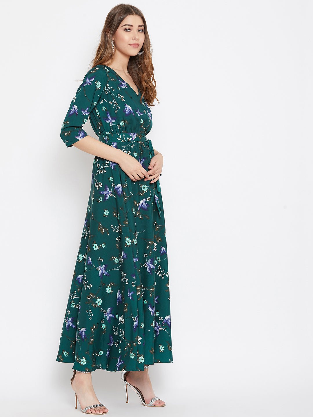 Folk Republic Women Green Floral Printed V-Neck A-Line Maxi Dress - #folk republic#