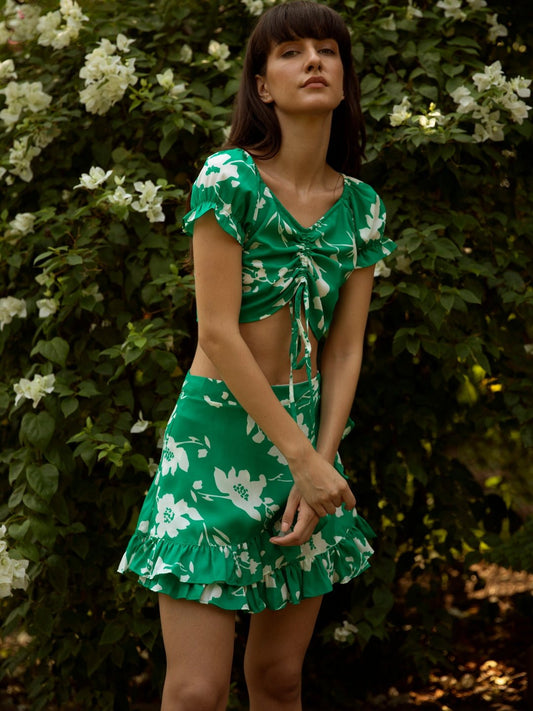 Folk Republic Women Green Floral Printed V-Neck Fit & Flare Co-Ordinate Mini Dress - #folk republic#