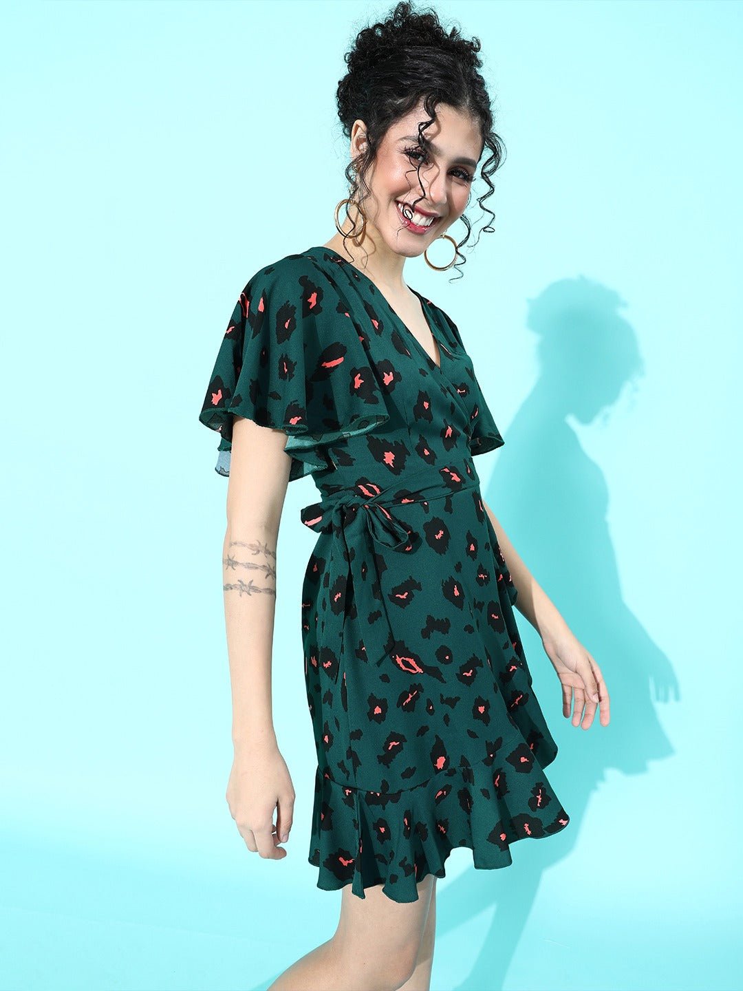 Folk Republic Women Green Leopard Printed Self-Tie Fit & Flare Mini Dress - #folk republic#