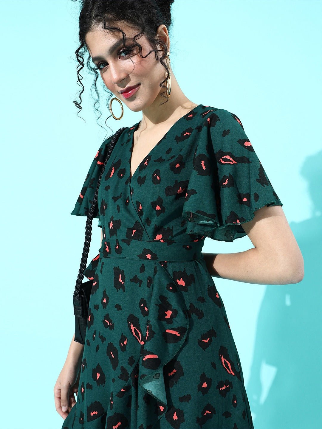 Folk Republic Women Green Leopard Printed Self-Tie Fit & Flare Mini Dress - #folk republic#