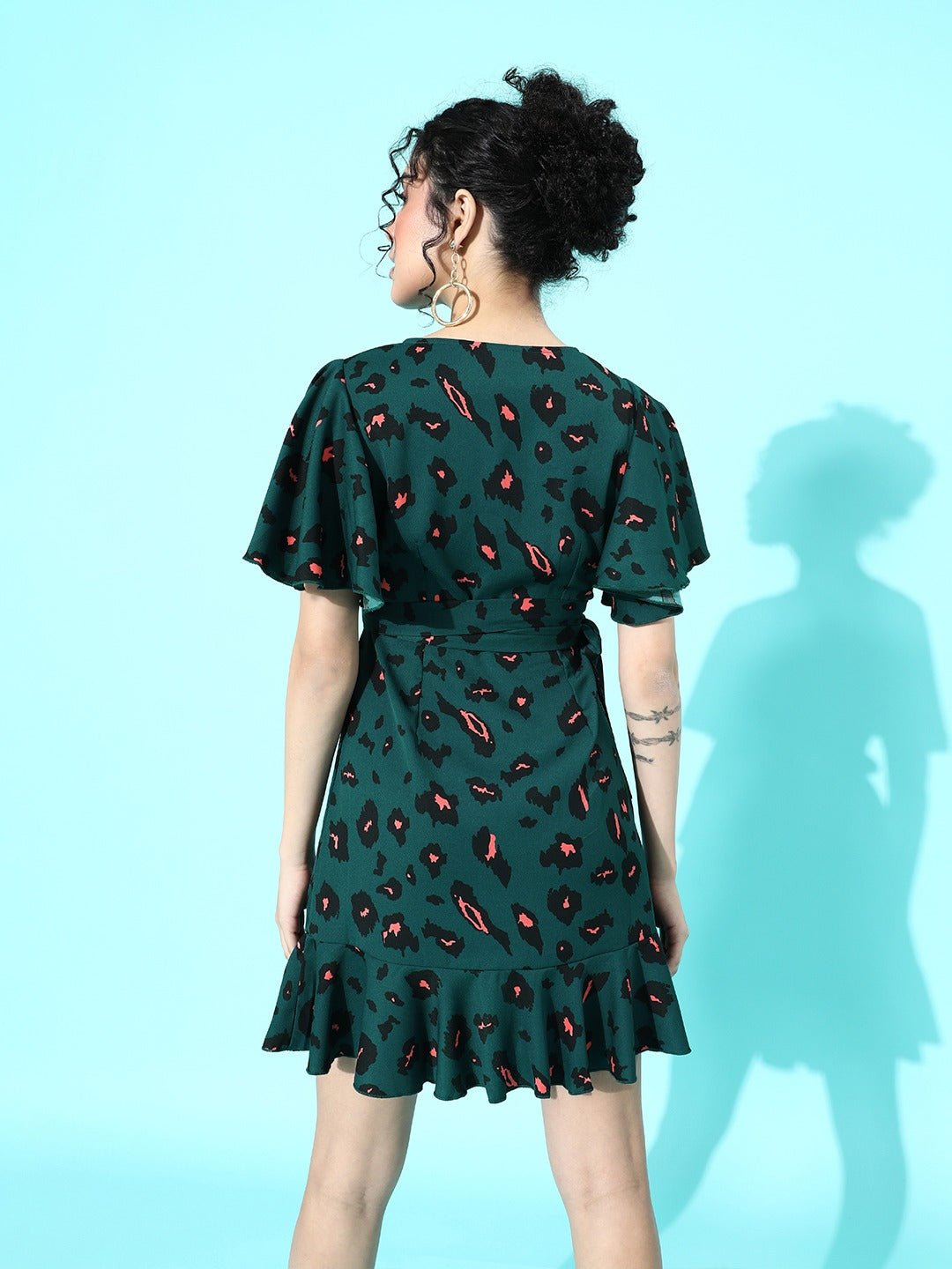 Folk Republic Women Green Leopard Printed Self-Tie Fit & Flare Mini Dress - #folk republic#