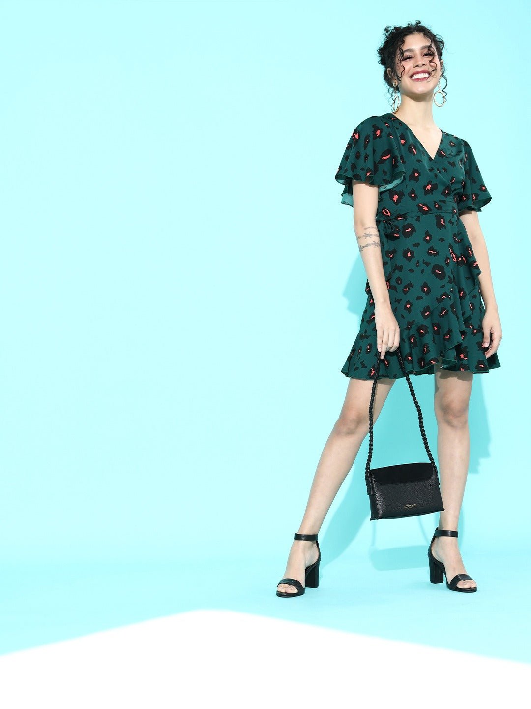Folk Republic Women Green Leopard Printed Self-Tie Fit & Flare Mini Dress - #folk republic#