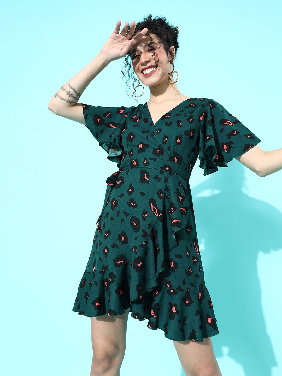 Folk Republic Women Green Leopard Printed Self-Tie Fit & Flare Mini Dress - #folk republic#