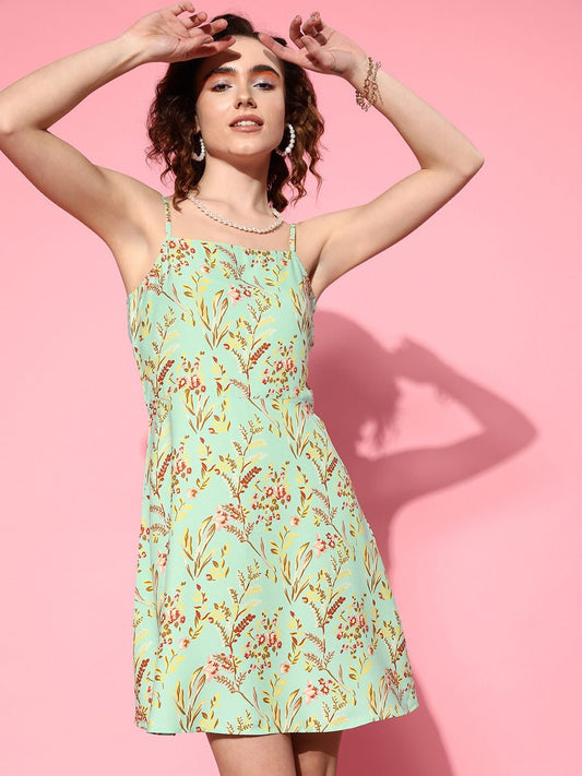 Folk Republic Women Green & Multicolour Floral Printed Square Neck Crepe Flared A-Line Mini Dress - #folk republic#