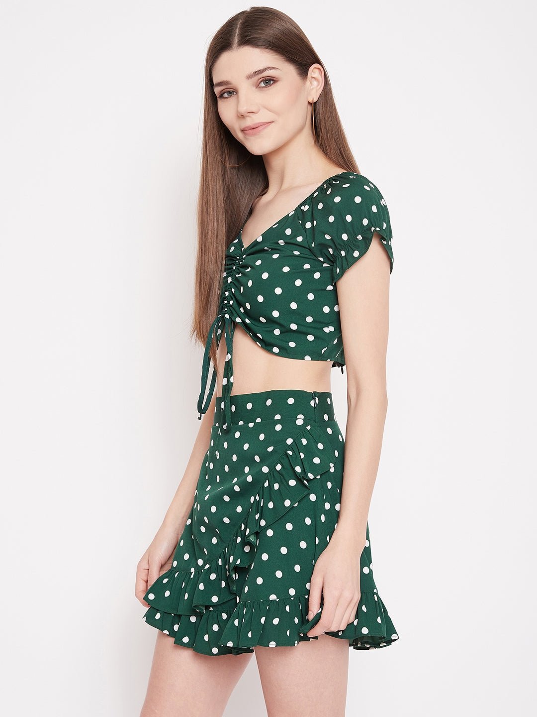 Folk Republic Women Green Polka Dot Printed V-Neck Fit & Flare Co-Ordinate Mini Dress - #folk republic#