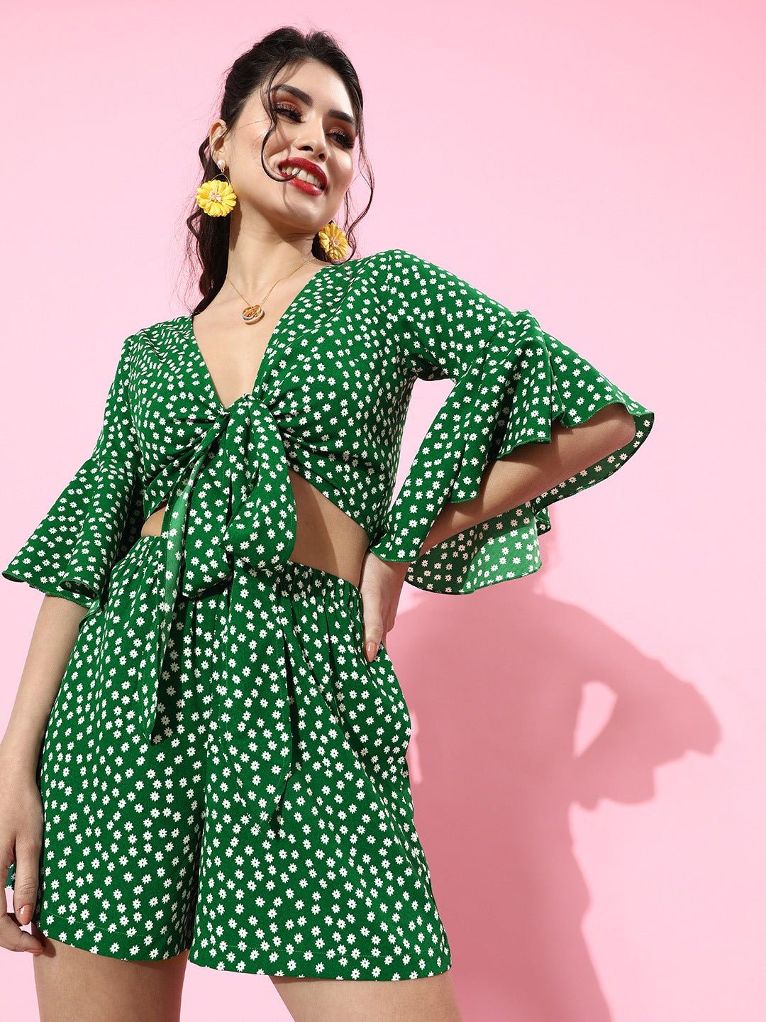 Folk Republic Women Green Polka Dot Printed V-Neck Tie-Up Jumpsuit - #folk republic#