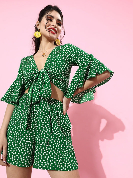Folk Republic Women Green Polka Dot Printed V-Neck Tie-Up Jumpsuit - #folk republic#