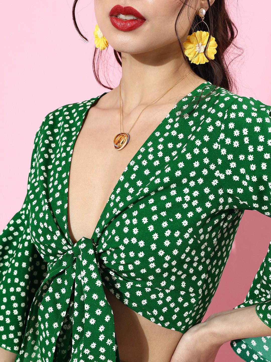 Folk Republic Women Green Polka Dot Printed V-Neck Tie-Up Jumpsuit - #folk republic#