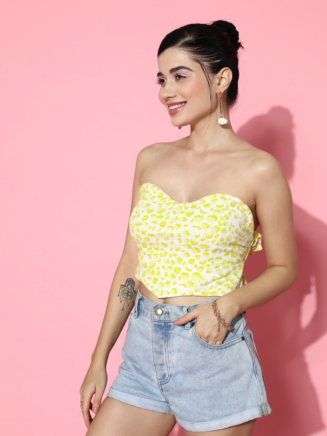 Folk Republic Women Green Printed Ruffles Smocked Styled Back Crop Top - #folk republic#