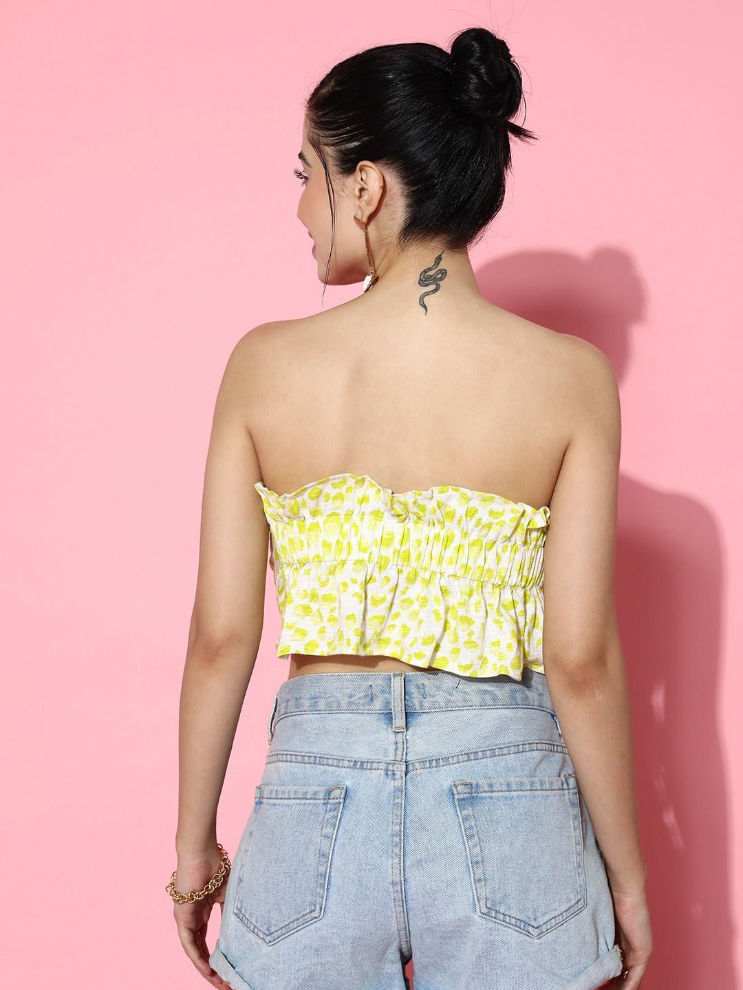 Folk Republic Women Green Printed Ruffles Smocked Styled Back Crop Top - #folk republic#
