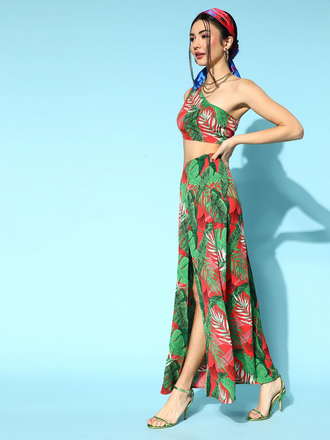 Folk Republic Women Green & Red Floral Printed One-Shoulder Neck Thigh-High Slit Maxi Co-Ordinate Set - #folk republic#