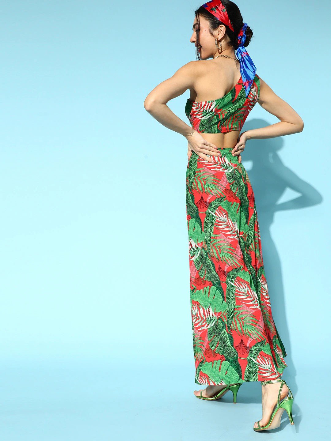 Folk Republic Women Green & Red Floral Printed One-Shoulder Neck Thigh-High Slit Maxi Co-Ordinate Set - #folk republic#