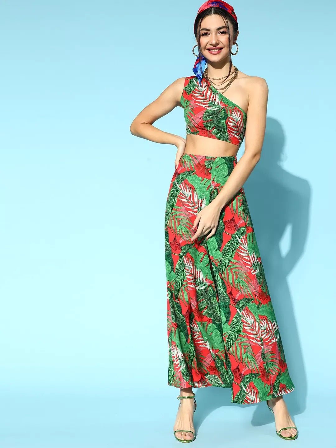 Folk Republic Women Green & Red Floral Printed One-Shoulder Neck Thigh-High Slit Maxi Co-Ordinate Set - #folk republic#