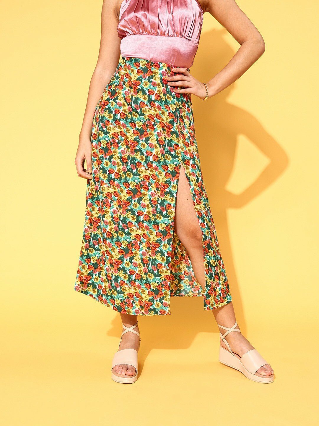 Folk Republic Women Green & Red Floral Printed Thigh-High Slit Flared A-Line Midi Skirt - #folk republic#